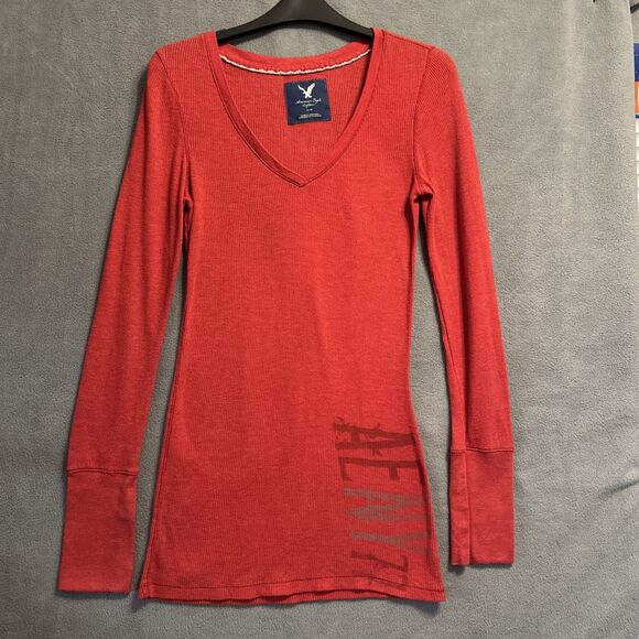 American Eagle Outfitters Tops - VTG Y2K American Eagle Womens Thermal Shirt Size M Red Spell Out Vampire Diaries